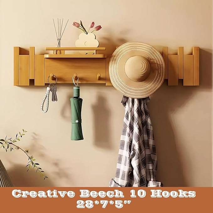 Wall Mounted Piano Key Hanger | Flip Style Hook | Entrance Wall Art Hook, Made of Oak Wood (3 Times Painted, 4 Times Polished) (Fence Beech, 10Hooks)-Ruum Studio Home