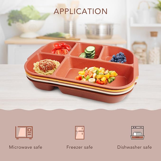 greenandlife 10.8 Inch 4PCS Divided Plates for Kids Adults, Portion Control Plates, Dishwasher & Microwave Safe Compartment Plate, Unbreakable Lightweight Reusable Wheat Straw Plates, Sunset-Ruum Studio Home