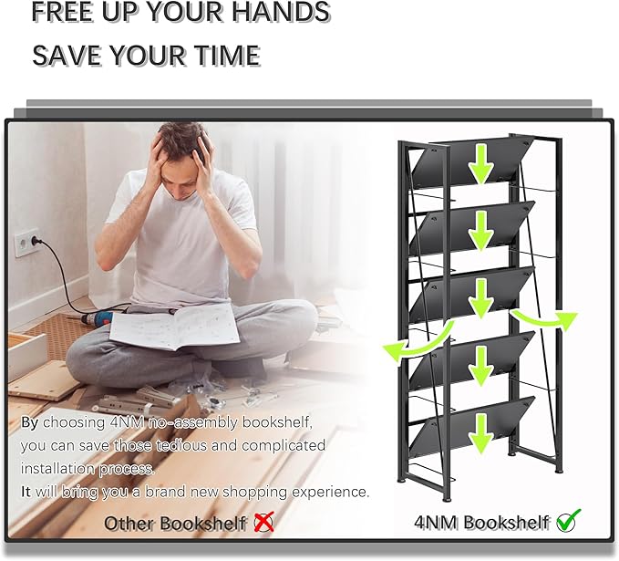 4NM No Assembly Foldable Bookshelf, 5-Shelf Collapsible Bookcase Storage for Small Spaces, 62.2" H, All Black-Ruum Studio Home