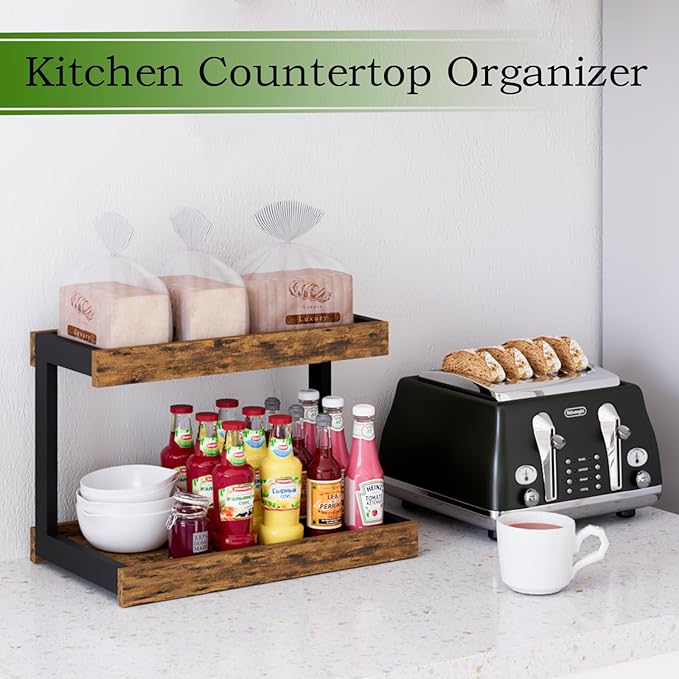 MARTY 2 Tier Spice Rack Organizer for Countertop, 15.8''L Coffee Station/Bathroom Organizer Countertop, Counter Shelf Desktop Storage Organizer for Kitchen, Bedroom, Office (Rustic Brown)-Ruum Studio Home