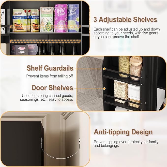 51" Metal Kitchen Pantry Cabinet, Storage Cabinets with 2 Door and 3 Adjustable Shelves, Black Freestanding Food Storage Cabinet, Steel Cupboard for Kitchen Dinning Room-Ruum Studio Home