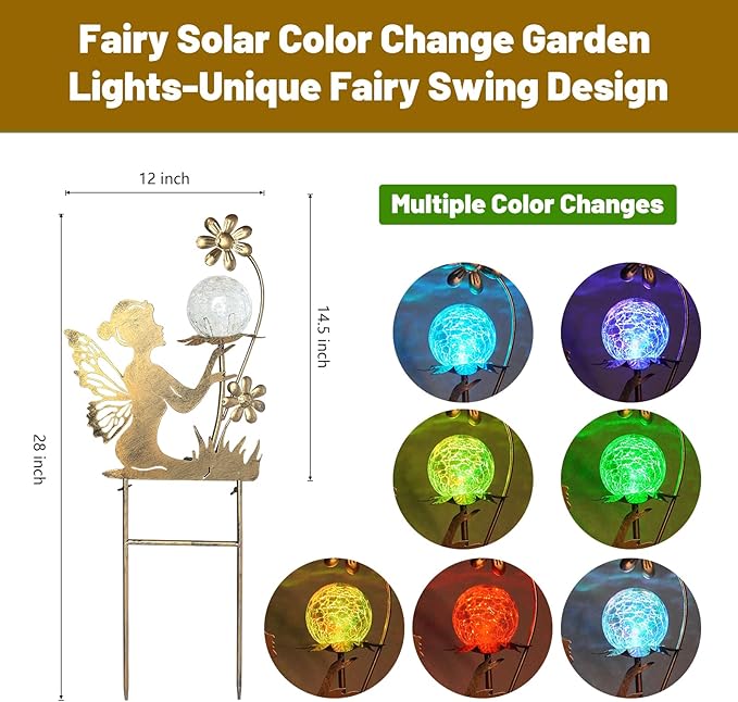 HONGLAND Solar Garden Lights Outdoor Decor, Fairy Figurine Moon Crackle Glass Lights Stake, Housewarming Ornament for Patio, Lawn, Yard, Pathway - Unique Gardening Gifts for Women Mom Grandma-Ruum Studio Home