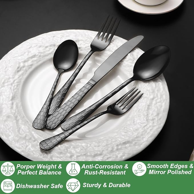 20 Pcs Black Silverware Set for 4 with Water Cube Handle design, Food Grade Stainless Steel Flatware Set, Eating Utensils Sets Include Fork/Knife/Spoon, Reusable Cutlery Set, Dishwasher Safe-Ruum Studio Home