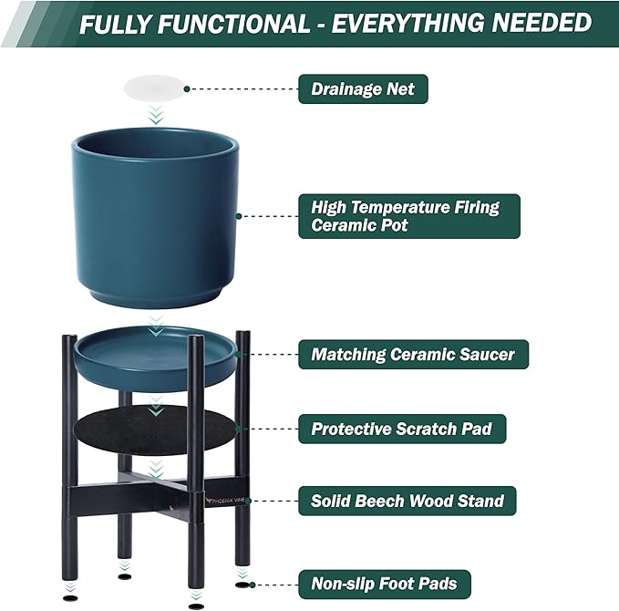 D'vine Dev Ceramic Planter with Ebony Stand - 12 Inch Modern Round Flower Pot with Wood Planter Holder, Teal, 55-B-H-4-Ruum Studio Home