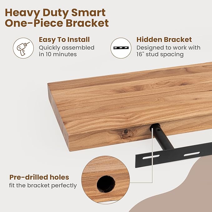 Floating Shelves for Wall Decor, 8" Deep Rustic Solid Elm Wood Floating Shelves Wall Mounted, Wall Shelves with Invisible Bracket for Living Room Bathroom Bedroom Kitchen, 24 Inch Set of 2, Natural-Ruum Studio Home