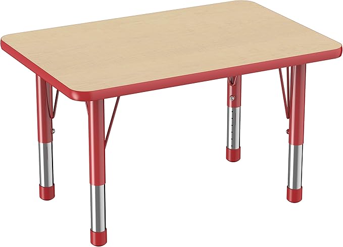 FDP Rectangle Activity School and Classroom Kids Table (24 x 36 inch), Chunky Toddler Leg, Adjustable Height 15-24 inches - Maple Top and Red Edge-Ruum Studio Home