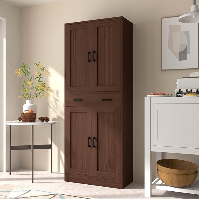 Brown Kitchen Pantry, 71" Tall Storage Cabinet with Doors and Drawer for Kitchen, Hallway, Office-Ruum Studio Home