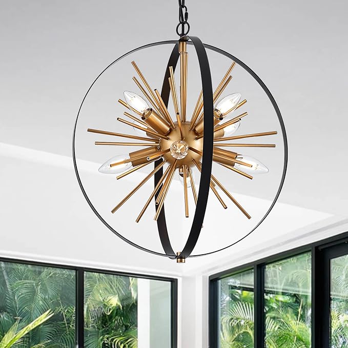 17.72'' Black Gold 8-Light Globe Sputnik Chandelier Modern Industrial Adjustable Hanging Ceiling Firework Pendant Light Fixture for Entryway Stairway Kitchen Dining Living Room Hallway-Ruum Studio Home