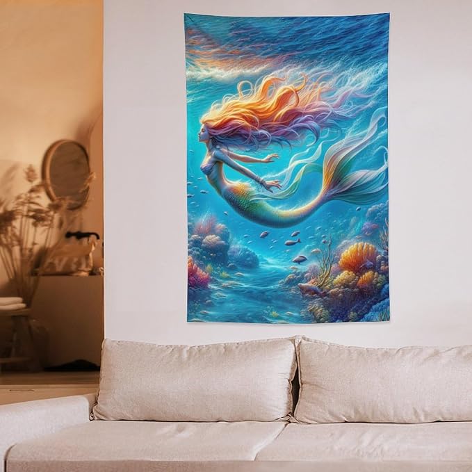 Mermaid Tapestry Ocean Tapestries Coastal Fabric Wall Hanging Aesthetic Space Indoor Outdoor Wall Art Tablecloth Bedspread Decoration for Girl’s Bedroom Dormitory Living Room Home Decor 40"x60"-Ruum Studio Home
