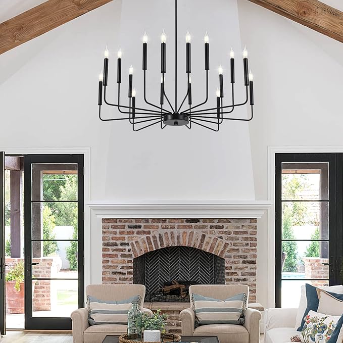 Modern Black Farmhouse Chandeliers, 16-Light Industrial Metal Chandelier Lighting, Classic Candle Hanging Pendant Light Fixtures for Kitchen Island, Living Room, Dining Room, Stair-Ruum Studio Home