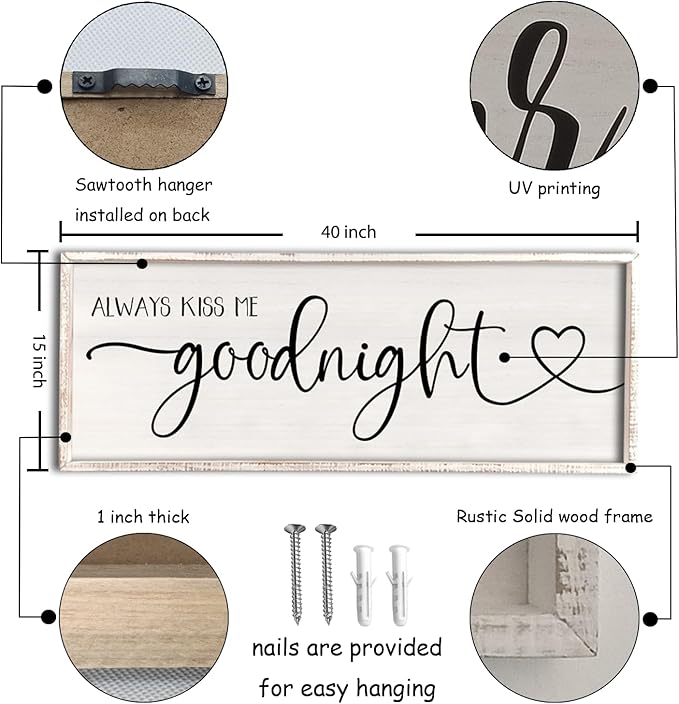 flowtorely Always Kiss Me Goodnight Wall Sign For Master Bedroom Above Bed Wall Decor 40''×15'' Large Rustic Solid Wood Frame For Farmhouse Couples Above bed Wall Art Decoration (White)-Ruum Studio Home