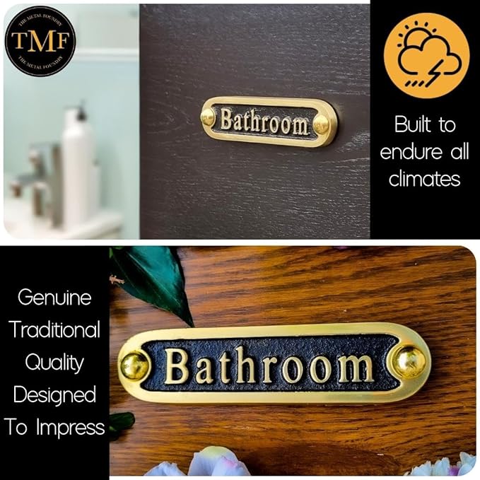Bathroom Brass Door Sign. Traditional Style Home Décor Wall Plaque Handmade By The Metal Foundry UK.-Ruum Studio Home