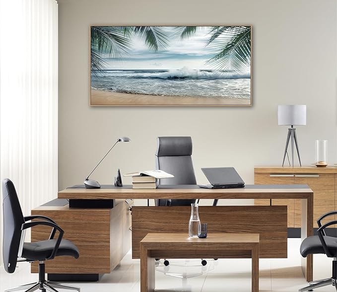 Framed Tropical Beach Wall Art - Ocean Waves Canvas Pictures Coastal Blue Sky and Sea Print Seaside Palm Tree Leaves Scene Painting Artwork Living Room Bedroom Office Home Decor 24" x 48"-Ruum Studio Home