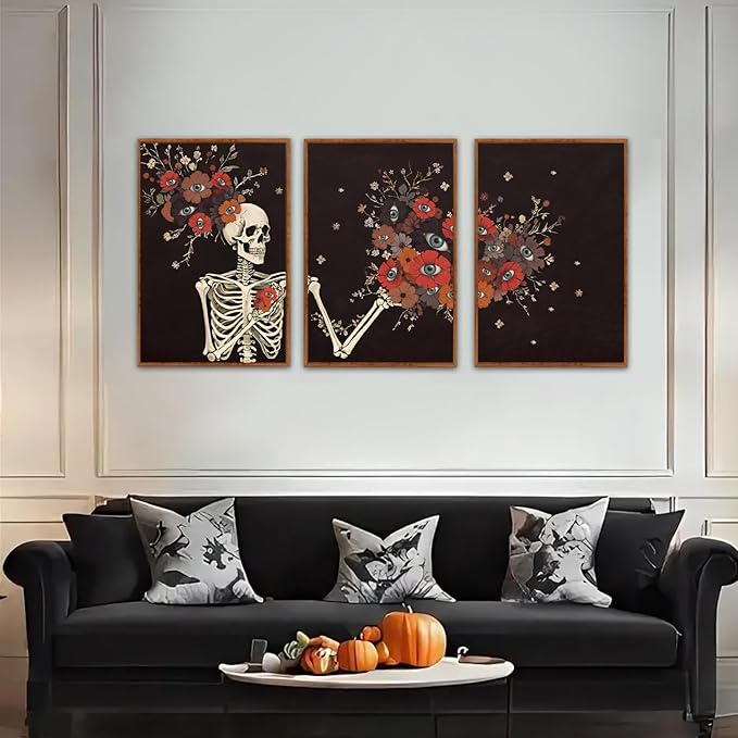 KAIRNE Gothic Skull Wall Art,Halloween Skeleton Canvas Set of 3(16”x24”),Scary Skull Painting,Horror Floral Botanical Prints,Romantic Spooky Halloween Wall Art for Living Room Bedroom Goth Party Decor-Ruum Studio Home
