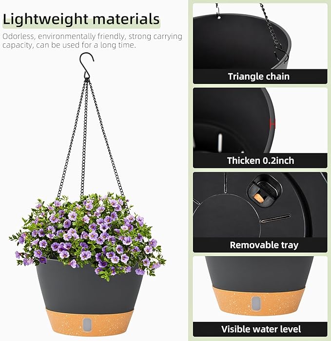 QCQHDU 2 Pack Hanging Planters for Indoor Outdoor Plants, 8 Inch Hanging Baskets Flower Pots with Reservoir Tray & Visible Water-Level-Ruum Studio Home