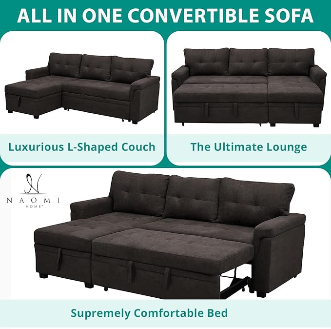 Naomi Home Transform Any Space: Sleeper Sectional Sofa with Convertible Sofa Bed & Inviting Chaise. Find Tranquil Comfort with Stress-Relieving Design & Durable Cushions - Espresso/Velvet-Ruum Studio Home