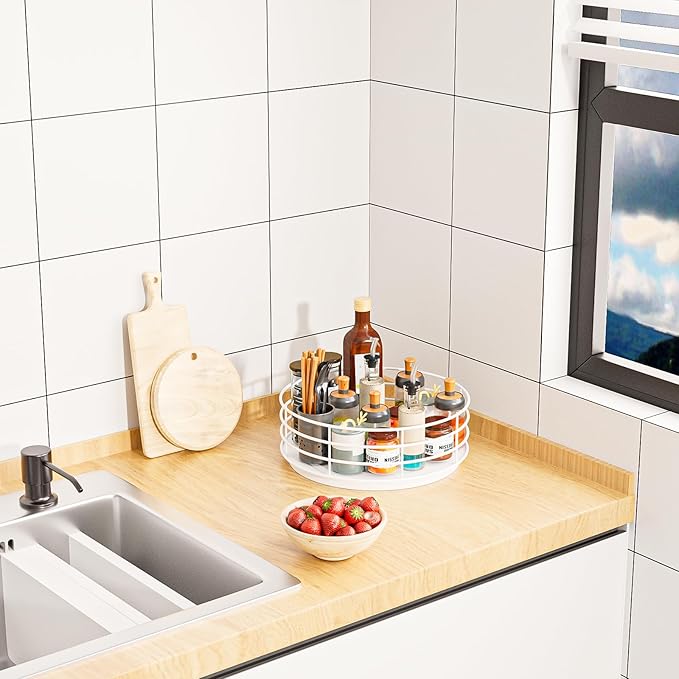 Snack Organizer - Versatile Snack Storage, Lazy Susan with Convenient Grab-and-Go Design, Metal Snack Holder for Home, Office, Breakroom, 10.85" L x 10.85" W x 5" H (White)-Ruum Studio Home
