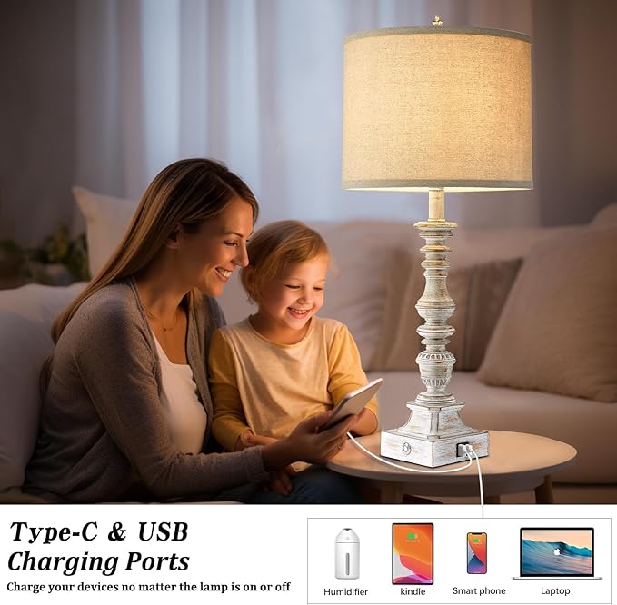 Farmhouse Table Lamps for Bedroom Set of 2 Vintage 3-Way Dimmable Touch Control Nightstand Lamps, Bedside Lamps for Living Room, Traditional Nightstand Lamp End Table lamps 28.5" (Bulbs Included)-Ruum Studio Home