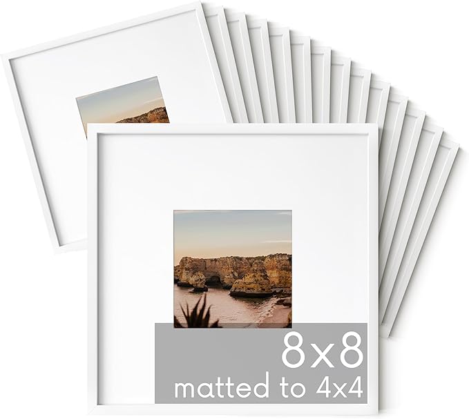 HAUS AND HUES 8x8 White Metal Picture Frames Matted to 4x4 - Features Premium Aluminum & Hanging Hardware, Shatterproof Plexiglass - Ideal for Home, Room, Office (8x8 in, White, Set of 15)-Ruum Studio Home