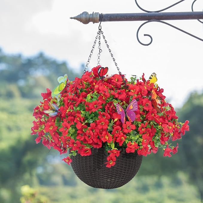 ‌20 Bundles Artificial Flowers for Outdoors‌ with 6 Faux Butterflies, UV Resistant ‌Fake Flowers‌ with Eucalyptus Leaves, ‌Artificial Plants Outdoor‌ for Patio Garden Porch Home Decor (Red)-Ruum Studio Home