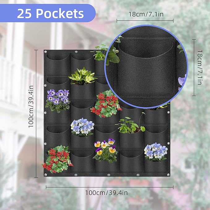 25 Pockets Hanging Planter Bags, Hanging Vertical Wall Mounted Plant Planting Grow Bags, Herb Garden Planter Outdoor Indoor Growing Bag, Gardening Vertical Greening Flower Container(1m×1m, Black)-Ruum Studio Home