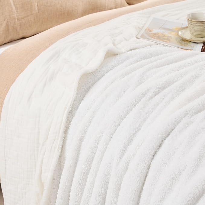 EMME White Throw Blanket Muslin and Fleece Blanket for Women Reversible - 50"*60" Soft & Cozy Warm Lightweight Small Blankets for Couch Bed Picnic Travel Bed-Ruum Studio Home