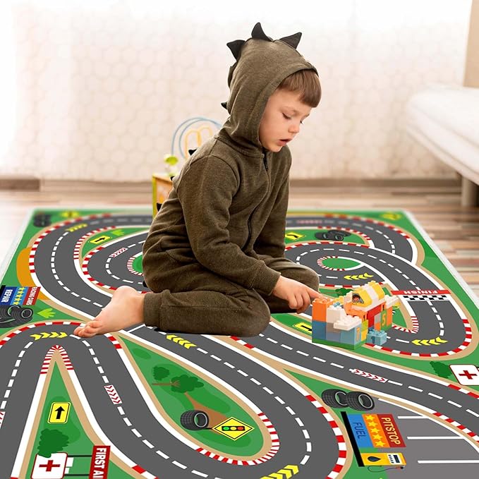 Kids Rug Race Track Play mat Playroom Rug Car Rugs for Kids Toy Cars Road Rugs for Kid Classroom (Race-Green, 2.6x3.9ft)-Ruum Studio Home