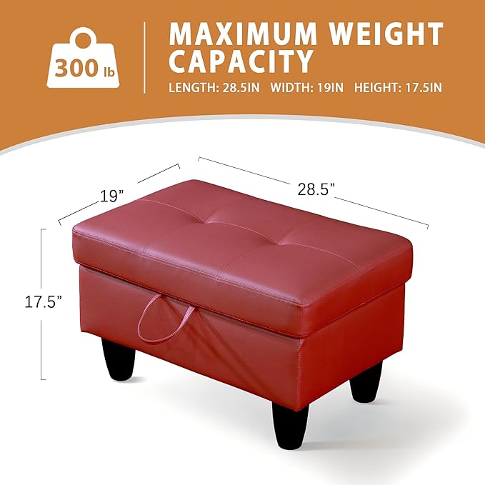 Ottoman Rectangular Storage Ottoman Bench, Faux Leather Footrest, Coffee Table, Stool Footstool with Hinged Lid for Living Room, Bedroom, Entryway, Red, 28.5"x19"x17.5"-Ruum Studio Home