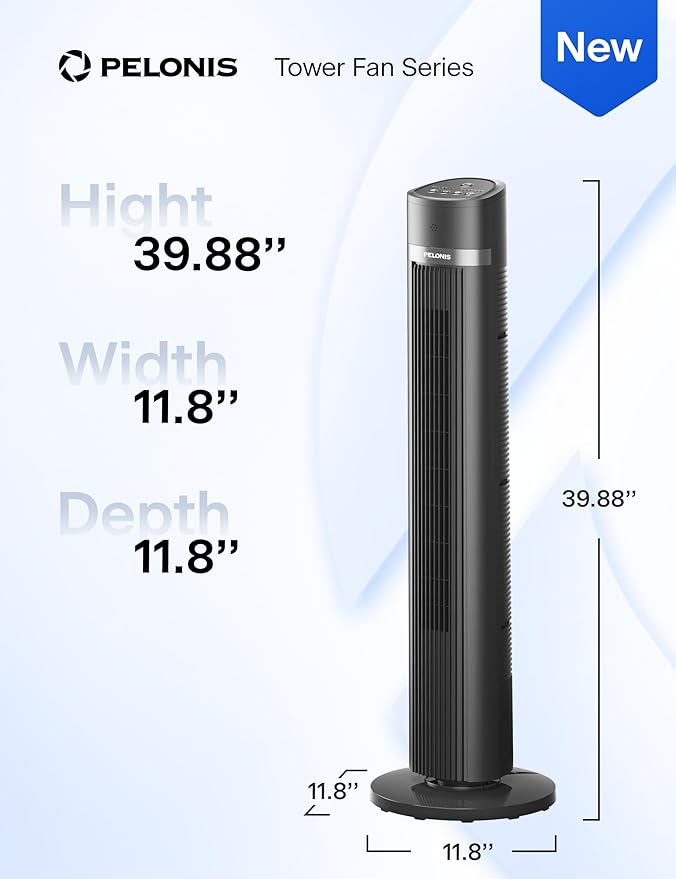 PELONIS 40 inch Bladeless Tower Fan for Bedroom, Standing Fan with Remote Control, 26ft/s, 90° Oscillation, 3 Speed Settings, 27 Db, 3 Modes, 15-Hour Timer, LED Display, Fan that Blows Cold Air, Grey-Ruum Studio Home