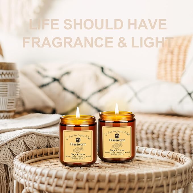 Sage & Citrus Scented Candle Set 2 Pack – Natural Soy Wax Hand-Poured – 60 Hour Long Lasting Burn – Relax and Relieve Stress – Premium Aromatherapy Candle for Home Decor, Gifts-Ruum Studio Home