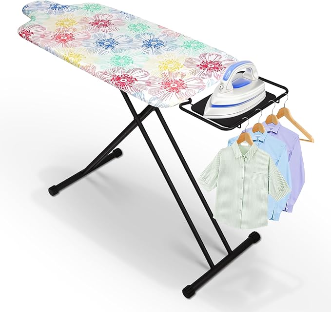 Extra Large Ironing Board with Hang Rail and Iron Rest 63" L x 20" W (Large with Iron Rest (Floral Cover))-Ruum Studio Home