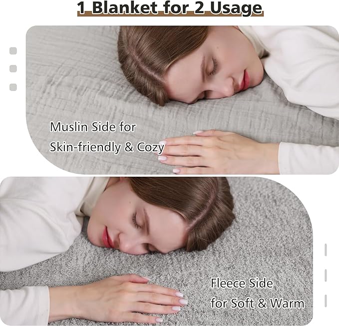 EMME Muslin and Fleece Twin Blanket Reversible - 60"*80" Grey Soft Warm Throw Blankets for Couch Bed Picnic Travel Bed-Ruum Studio Home