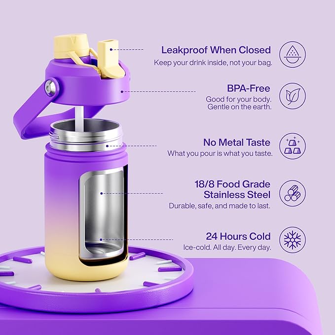 Kids Insualated Water Bottle with Straw - 12oz Stainless Steel Water Bottle with Dual Spouts, Leak-Proof, BPA-Free, Double Wall Vacuum Keeps Cold for 24 Hours for Sports, Travel, School (Peach Dream)-Ruum Studio Home