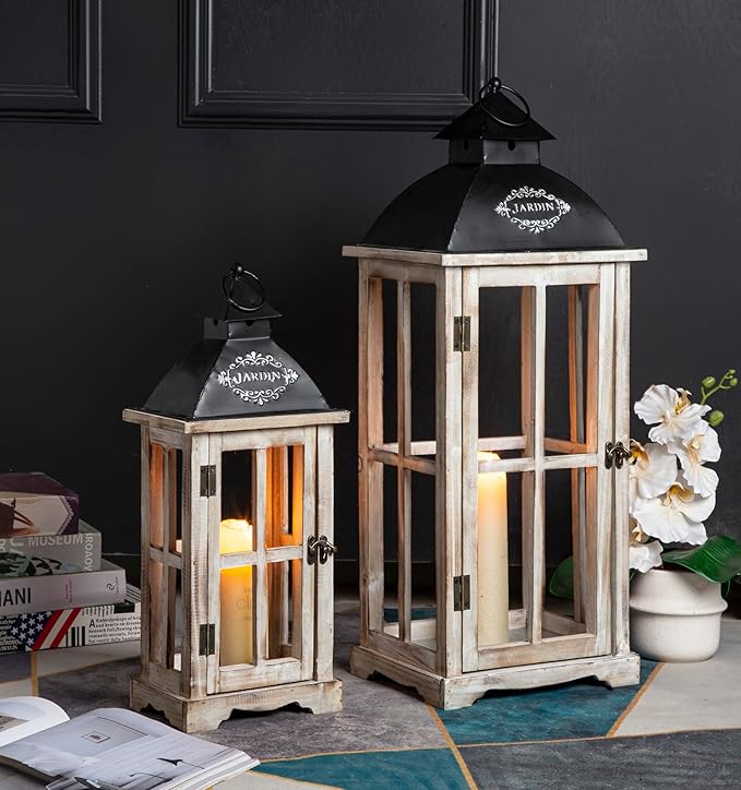 Set of 2 Large Decorative Wooden Metal Lanterns, Farmhouse Rustic Floor Candle Lanterns, Indoor/Outdoor Hanging Lanterns for Home Decor (No Glass)-Ruum Studio Home