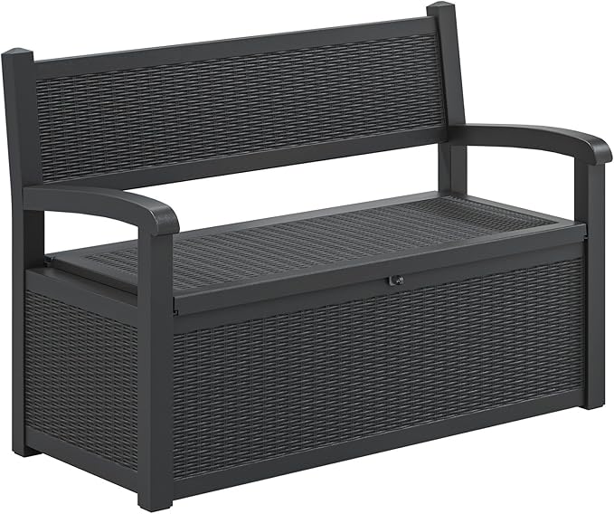 70 Gallon Deck Bench with Storage,Outdoor Storage Box Bench Waterproof&Lockable, Resin Patio Furniture with Armrest for Patio, Porch, Garden,Black-Ruum Studio Home