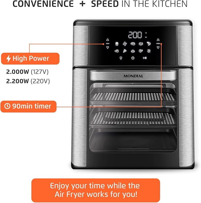 Air Fryer Oven 1800W, 12.7QT Capacity, Touchscreen Panel, Automatic Shut-Off – Black & Stainless Steel – Mondial-Ruum Studio Home