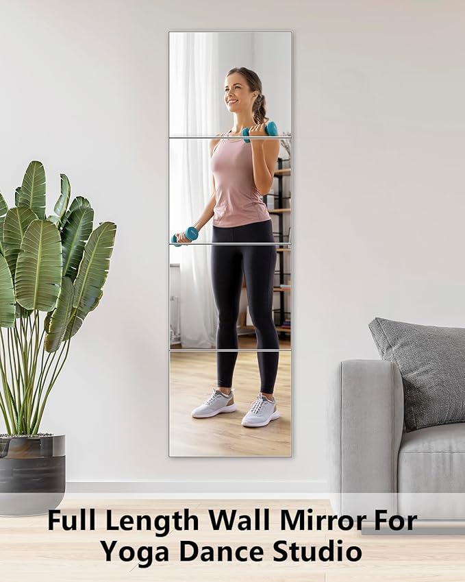 Full Length Wall Mirror Tiles, 12'' x 14'' x 4PCS, Acrylic Unbreakable Full Body Mirror for Bedroom Squares Shatterproof Mirror Sheets Wall Mounted for Home Gym Door-Ruum Studio Home