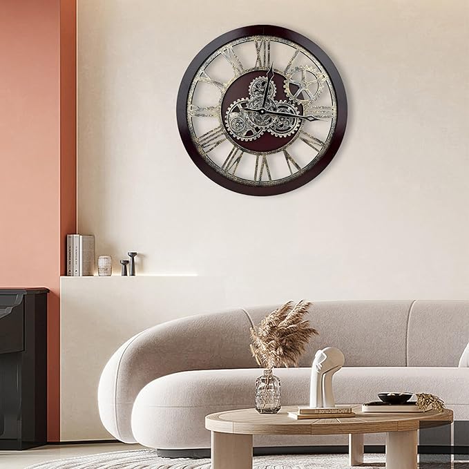 The B-Style Large Wall Clock 24 inch Moving Gear Wall Clock Oversized Vintage Farmhouse Wall Clocks for Living Room Decor Rustic Industrial Wood Clock (Cherry red and Bronze)-Ruum Studio Home