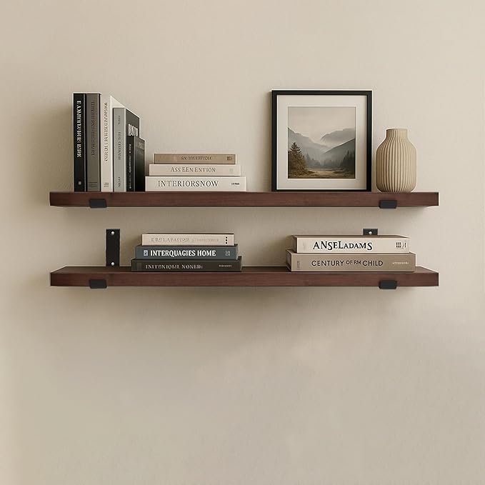 CONSDAN Floating Shelves for Wall Mounted Book Shelf Hanging Shelves Floating Bookshelf for Bedroom, Bathroom, Living Room, Kitchen USA Grown Solid Hardwood, Dark Maple 30x7.5x1.5 in (Set of 2)-Ruum Studio Home