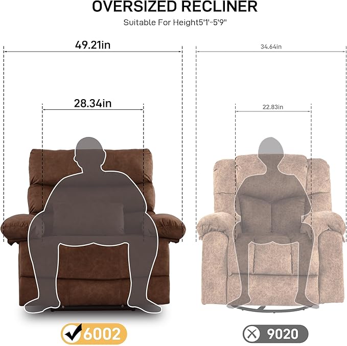 Oversized Power Recliner Chair 350lb with Hidable Cup Holders, Extra Wide Large Big Electric Recliner Chair with Lumbar Support Pillow Nursery Chair Living Room (Manual, BROWN-6002-1)-Ruum Studio Home