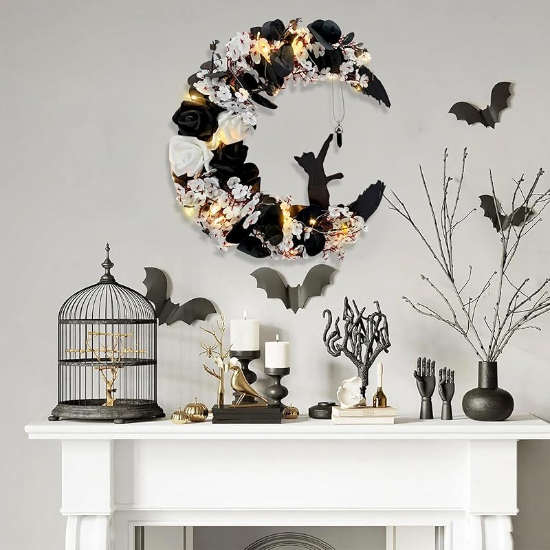 Halloween Wreaths for Front Door with Light, Black Cat Crescent Moon Wreath, Cute Cat Garland Halloween Door Decorations for Outdoor Indoor Decor Wall Window Home Party-Ruum Studio Home