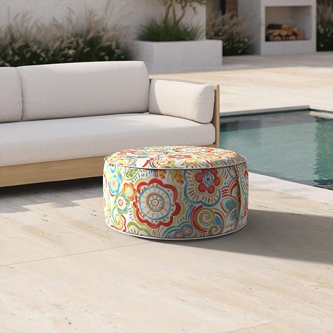 Inflatable Ottoman Stool D21 xH9 for Outdoor/Indoor Use, Water Repellent Patio Foot Rest Stool with Portable Handle,Round Pouf Ottoman Suitable for Garden,Deck and Camping - Flower Red-Ruum Studio Home