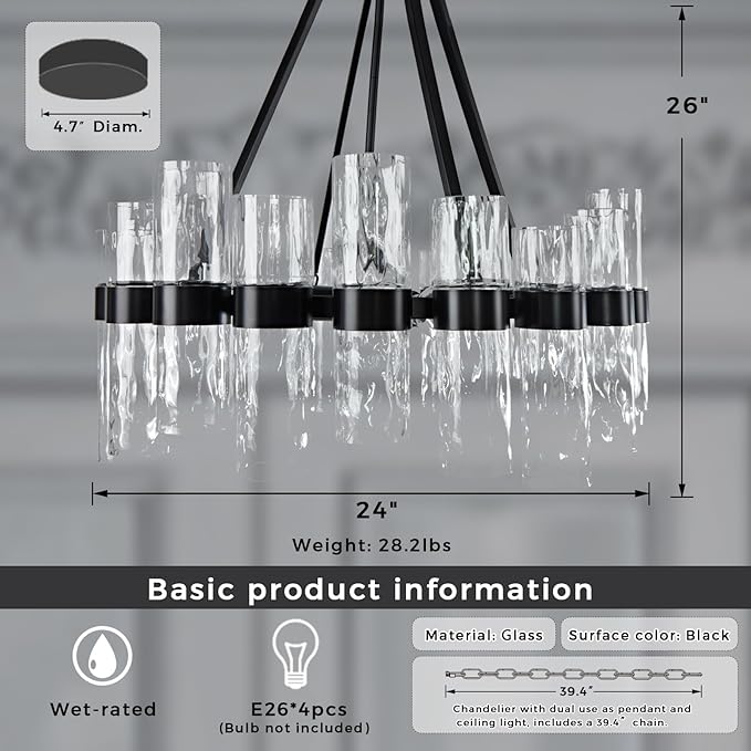Round Black Glass Wagon Wheel Chandelier, Chandelier with Water Ripple Textured Recycled Clear Glass Piece, Modern Industrial Pendant Light with Metal Frame, Lighting Fixture for Living Room, Foyer-Ruum Studio Home