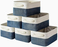 Storage Basket for Organizing - 12x8x5.2 inch Small 6 Pack Fabric Storage Bin Collapsible Baskets for Shelves with Rope, Storage Box for Cloth Decorative Laundry Canvas(White & Blue)-Ruum Studio Home