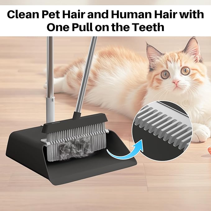 JOYMOOP Black Broom and Dustpan Set, Upright Angle Design with Built-in Comb Teeth for Home, Office, Hardwood Floors, Pet Hair-Ruum Studio Home