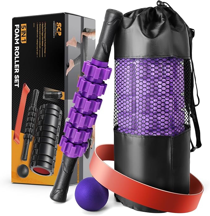 5 in 1 Foam Roller Set for Deep Tissue Muscle Massage, High Density Trigger Point Fitness Patented Exercise Foam Roller, Massage Roller, Massage Ball, Resistance Band, for Whole Body(Purple)-Ruum Studio Home