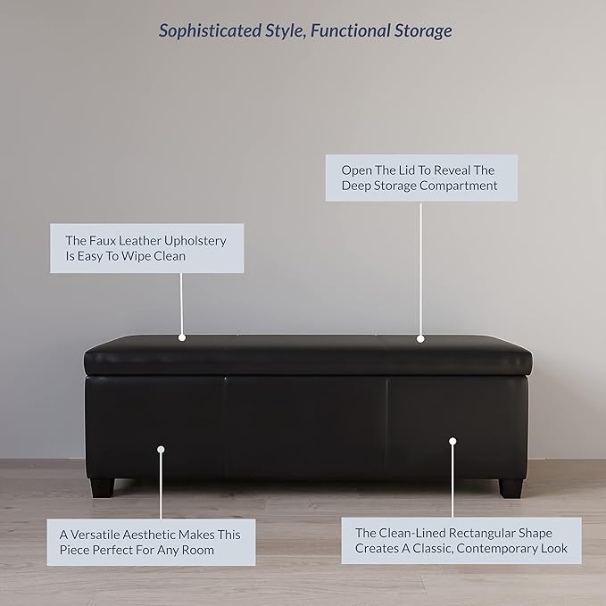 BELLEZE 47 Inch Storage Ottoman, Faux Leather Storage Bench Bedroom Bench with Safety Close Hinge, Ottoman with Storage for Living Room, Entryway, Hallway, Foot Rest, Support 300lbs - Black-Ruum Studio Home