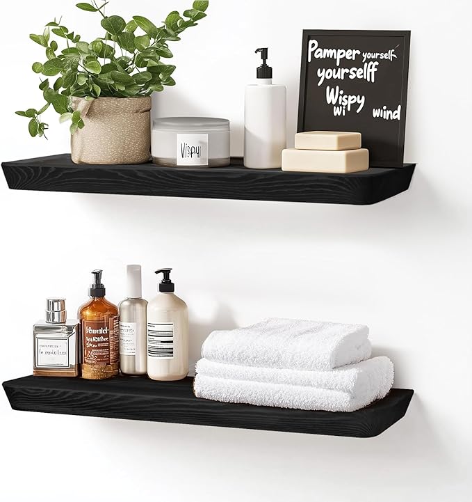 24"x6.8"x1.6" Slanted Floating Wall Shelves 2-Pack - Rustic Black Finish, Heavy-Duty Solid Wood Design with Hidden Brackets - Perfect for Living Room, Kitchen, Bathroom, or Office-Ruum Studio Home
