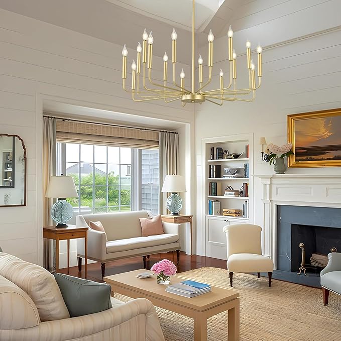 Modern Gold Farmhouse Chandeliers, 16-Light Industrial Metal Chandelier Lighting, Classic Candle Hanging Pendant Light Fixtures for Kitchen Island, Living Room, Dining Room, Stair-Ruum Studio Home