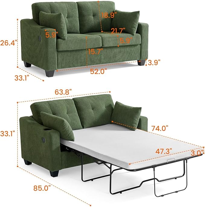 Pull Out Sofa Bed, Full Size Sleeper Sofa, 2-in-1 Convertible Corduroy Couch with USB Charging, Memory Form Couch for Living Room, Apartment and Small Space (Green, Corduroy - Full Size)-Ruum Studio Home